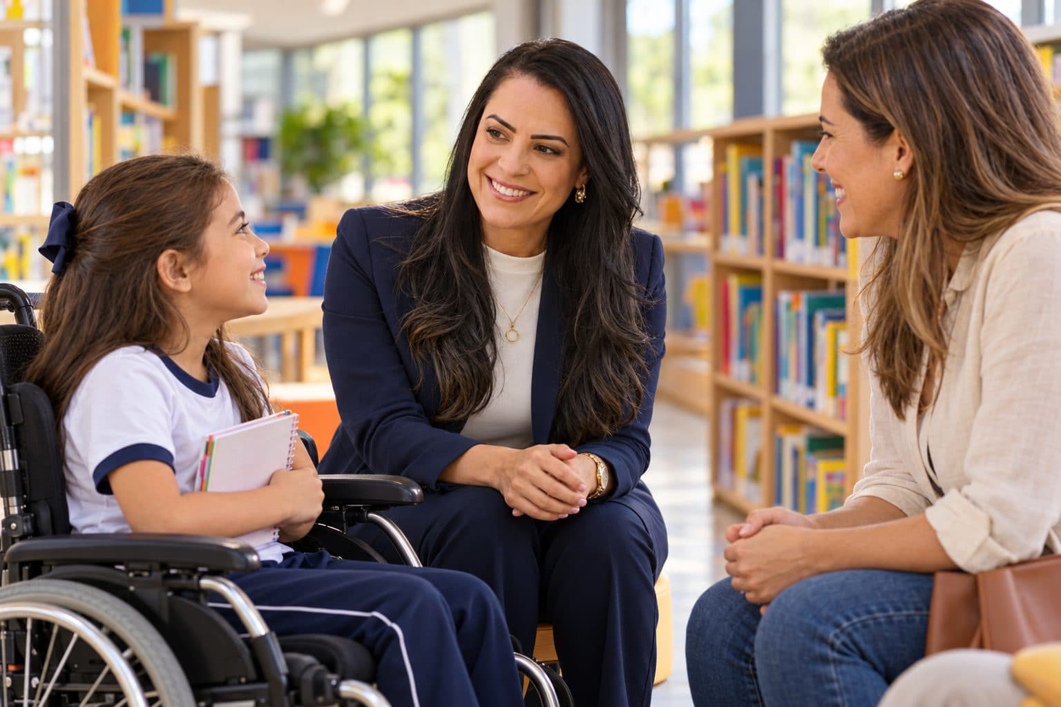 Dra. Maíra Castaldi conversa com uma mãe e sua filha cadeirante na biblioteca de uma escola particular